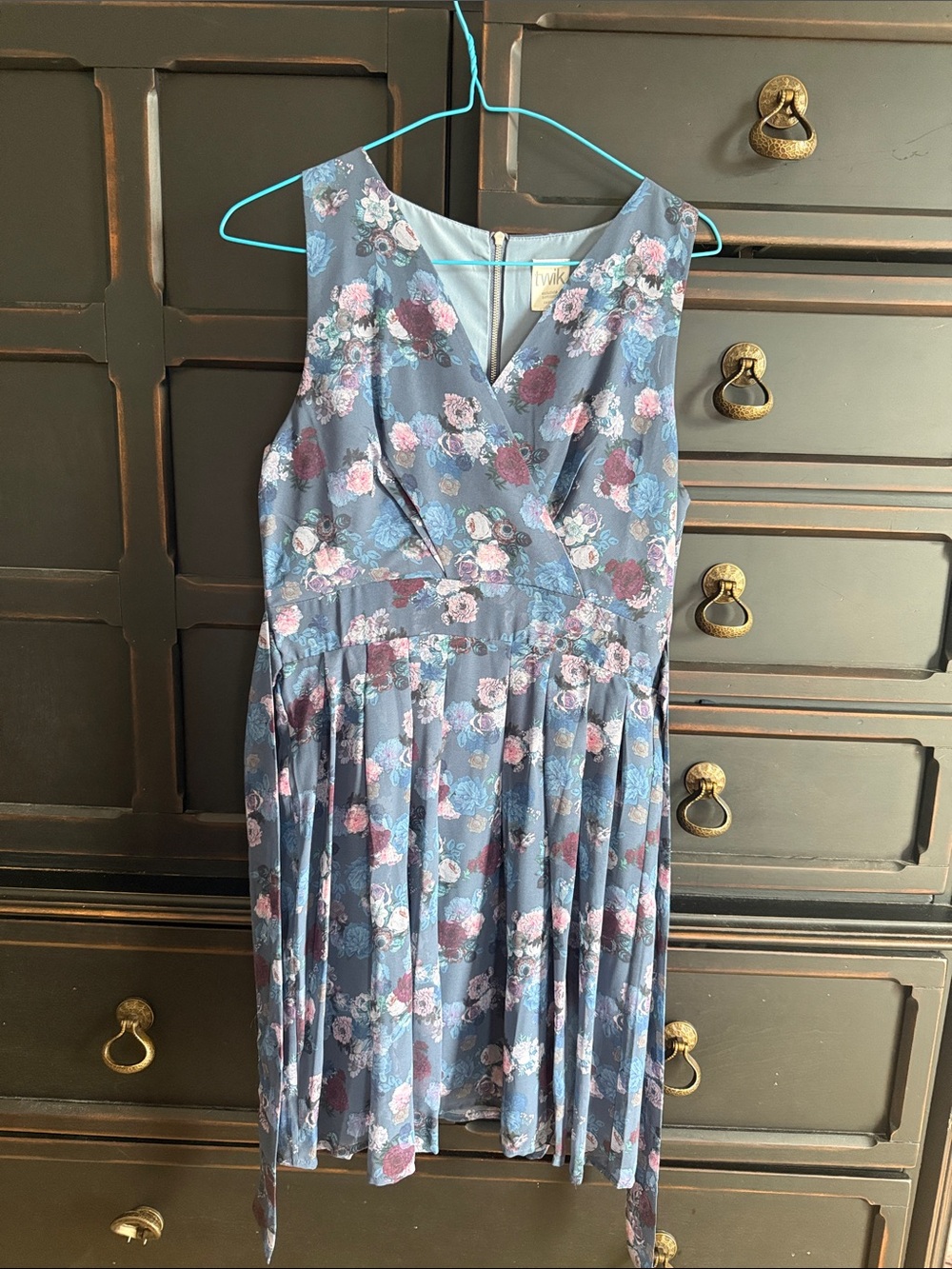 twik Blue Floral V-Neck Pleated Dress